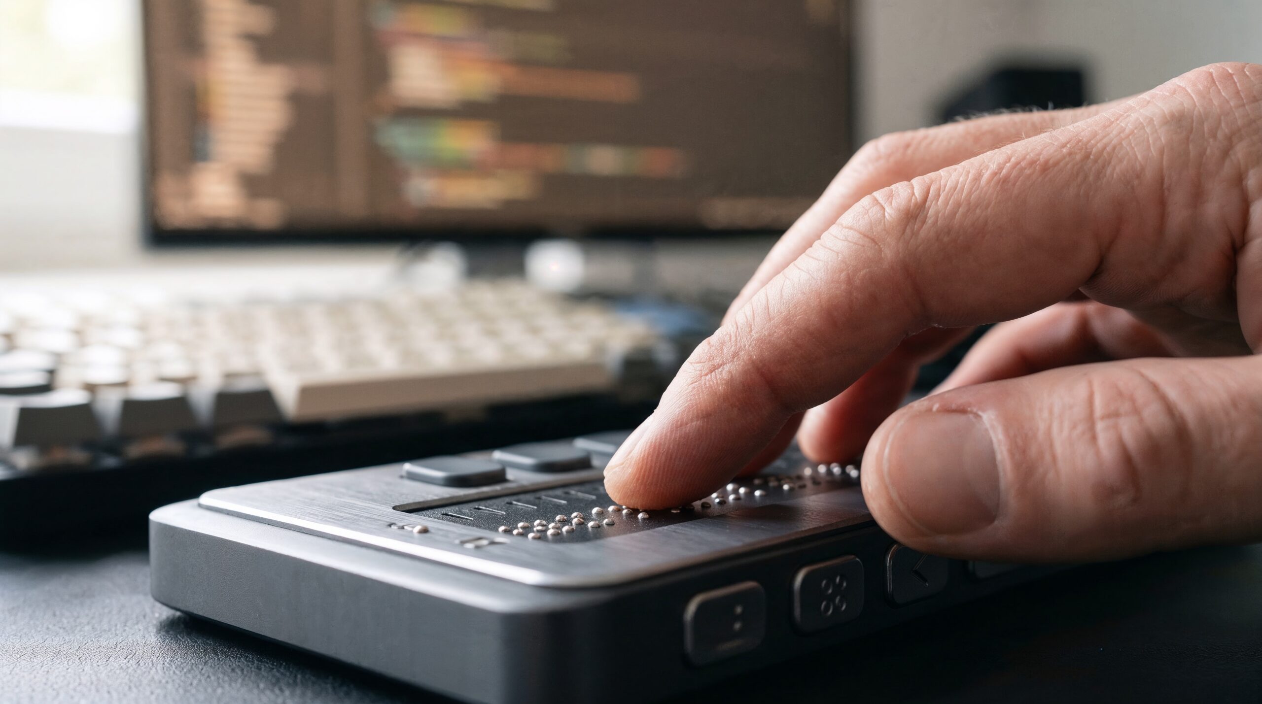Eine Hand liegt auf einer Braille-Tastatur.